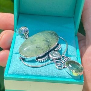 Prehinite, Green Amethyst & Sterling Silver Handcrafted Pendant 3”